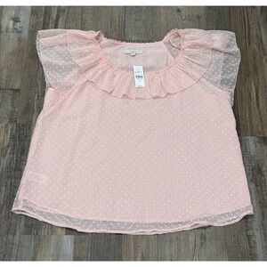 NEW Loft Clip Dot Ruffle Shell Top Fairy Coquette Barbie Sheer Pink XLWomens